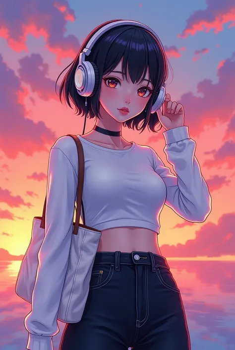 ai anime cyberpunk setting, A girl with short black hair, Wearing a white crop top and black wide-leg jeans , Black wide jeans , pretty girl,Carrying a white bag , Carrying a bag , Put the headset on your head, cute,cute 소녀,cute 여자 , A drawing drawn with c...