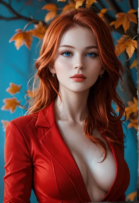 score_9, score_8_up, score_7_up, (Ultra resolution 8K), The best possible image, beautiful woman, redhead, beautiful face, beautiful face, blue eyes , fine rostrum, very delicate face, White skin, Caucasian European, bodycon suit, sexy red suit" dreamy bac...