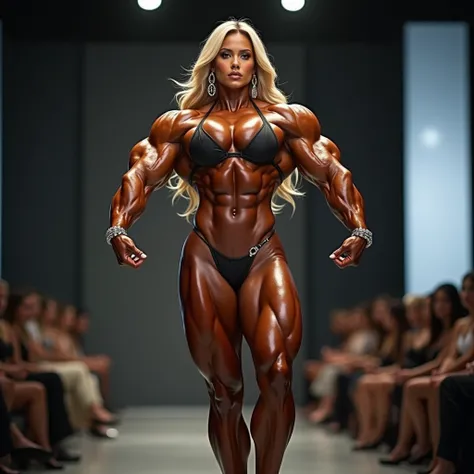 Sexy huge bodybuilder ifbb pro giant muscle girl supermodel on runway, sexy thick bulging muscles, stunning unbelievably gorgeous face and big eyes, huge and bulging, flexing thick packed muscles, brazillian girl with extremely long blonde hair, shiny cara...