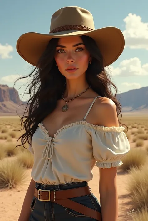 Draw a beautiful young woman from the old west 