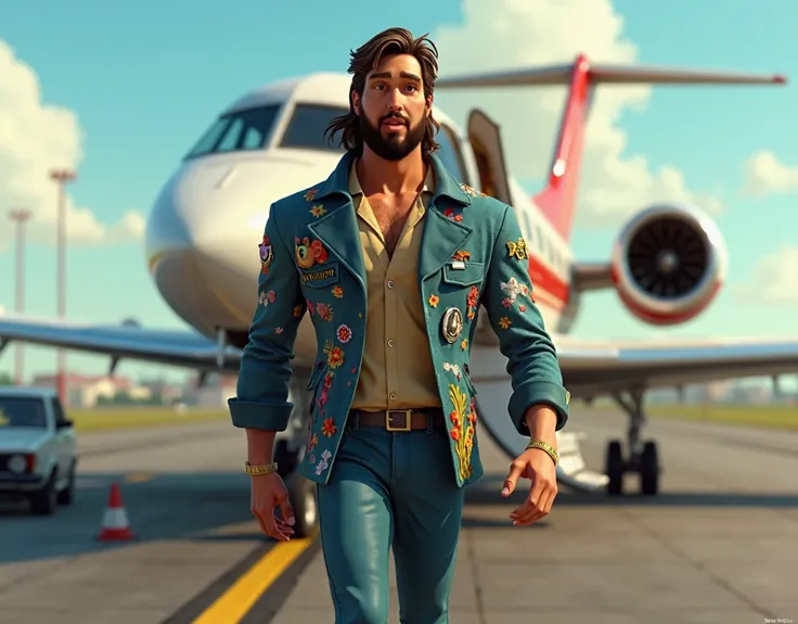 Image of a 6.2 feet tall handsome man, full body, perfect body with long hair and beard for a story in a YouTube video in Pixar format, Hes the tall allabester, Hes the class new ear pilot, full body cover with pilot outfit , Hes outgoing, Playful and gets...