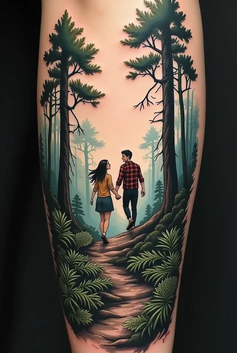 Create a tattoo of a couple climbing a hill in a dense forest with lots of trees, both holding hands and happy
