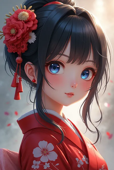 Uma linda japonesa de olhos azuis. painting, fantasy, japan, anime, in the style of realistic hyper-detailed rendering, vermelho, branco e cinza, 32k, uhd, expressive eyes, detailed character illustrations, hyper-realistic details, dynamic outdoor shots --...