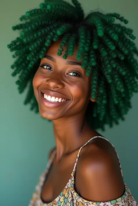 ((woman)) ((black)) ((green curly hair)) (green hair)) ((blue eyes)), ((with a big smile on his face.)) (side position ) sweet face (fronted clothing with exposed shoulders)
((2.))
woman black 