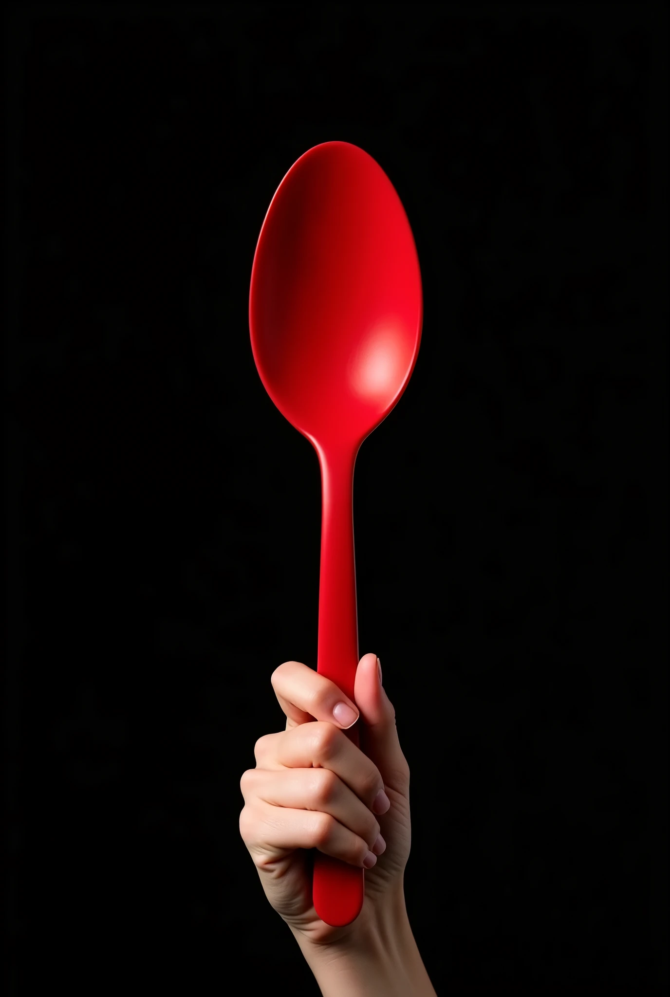 hand holds a large voluminous red fork made of red matte plastic, professional photo, Studio lighting, black background
