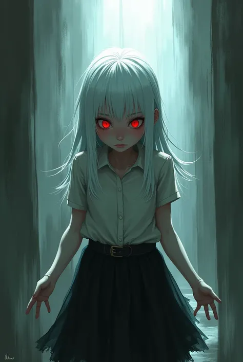 Second Dimension，girl，White hair，Red eyes，fear，Weird，Look at the audience，Ripped black skirt ，Upper Body
