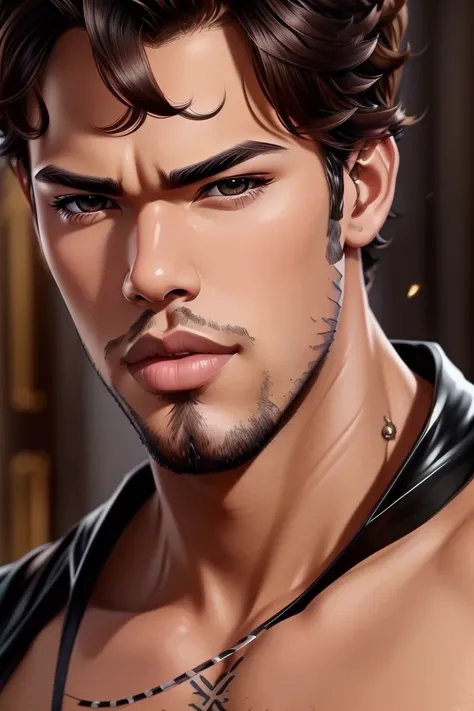 2D HQ of handsome man with sexy look, brown eyes, black hair, big chest, close up, video game