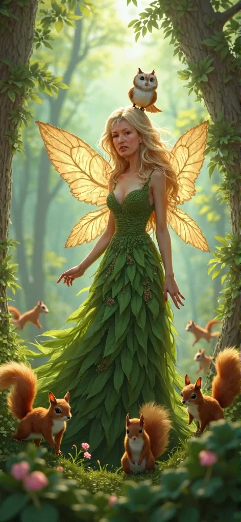 A fairy, blonde, dressed in leaves and branches of the forest, The whole dress is very soft and elegant., has beautiful wings, It is in a magical forest surrounded by many many squirrels. He has an owl on his shoulder. She is looking at the camera with a s...