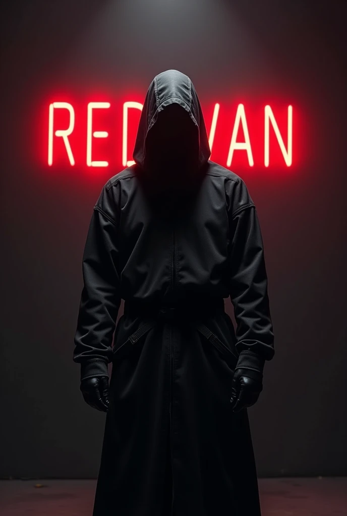 A shinobi in dark in matte black background,  written all capital  REDWAN 
In red neon light in background 