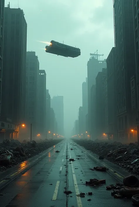 large avenue with dark surrounding buildings, garbage in the streets, wrecked cars scattered across the avenue, dark day, cloudy and rainy with hovercar in the skies, high resolution, high quality