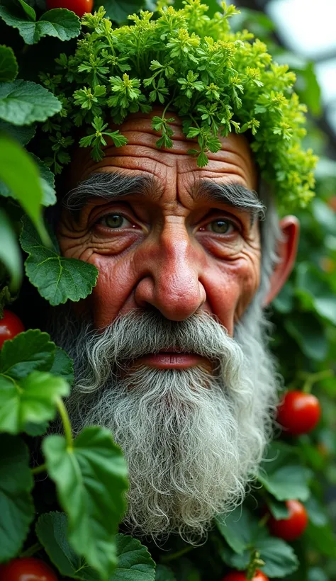 vegetable green wall featuring a 70 years old living man`s face made of vegetable 