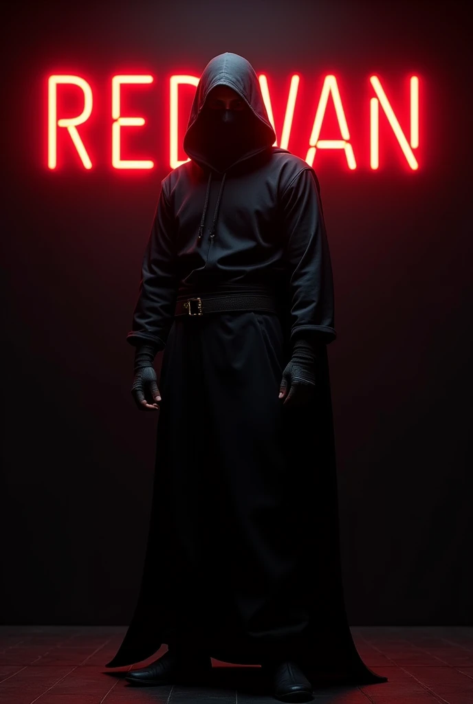 A ninja in dark in matte black background,  written all capital  REDWAN 
In red neon light in background 