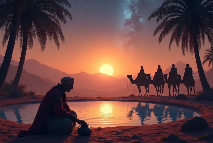 Masterpiece, (((a serene desert landscape at sunset))), featuring a group of camels and travelers silhouetted against a sky filled with stars and a crescent moon. In the foreground, an elderly figure in traditional attire is kneeling by a shimmering oasis,...