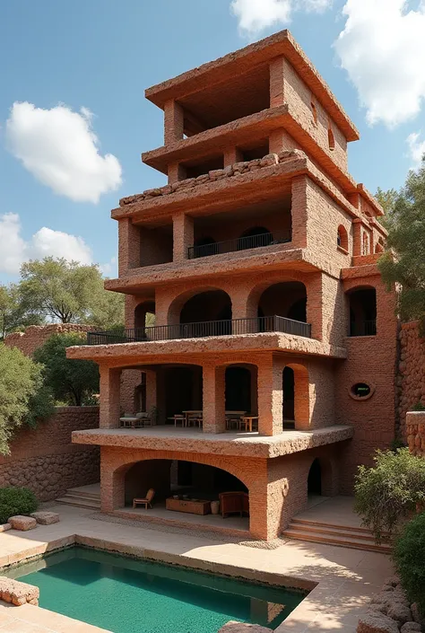 I need a specialized building for traditional medicine in the CHIRAPACA community of Bolivia where it is unique and has 6 floors that is built with bricks next to it that has a pool of water that comes from there.