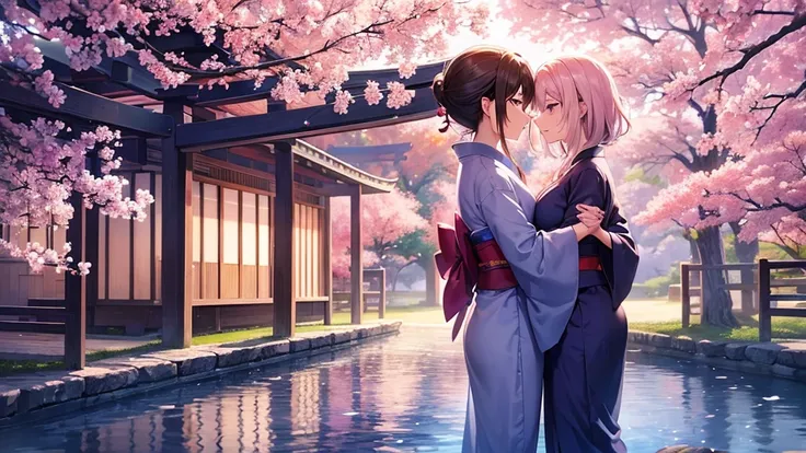 Create a high-resolution anime-style illustration featuring a romantic couple standing under a canopy of blooming cherry blossom trees in a serene park. The girl, with long, flowing hair and expressive eyes, wears a pastel-colored kimono with intricate flo...