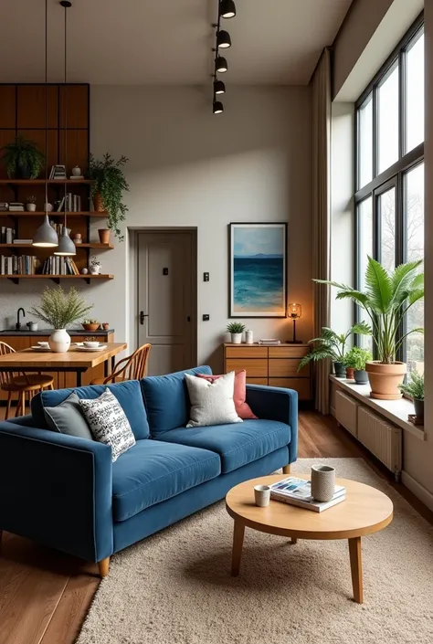 Kitchen, living room and office in the same eclectic atmosphere with wooden furniture and a navy blue sofa 