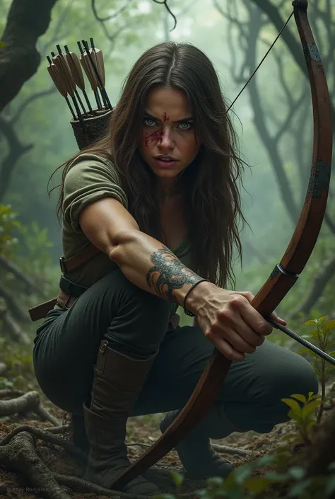 A woman with brown hair and green ohis, He has a wound on his cheek and his lower lip is slightly broken., She is crouching defensively in an ugly forest and holds a bow firmly aiming the arrow. (The walking dead reference)