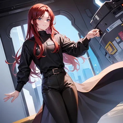 
"friends, a man with dark brown hair, wavy and very short, and a girl with long red hair are together in space. The man wears simple clothes, including black pants, but with a cybernetic twist in the style of a &#39;bee suit&#39;. His personality is unkno...