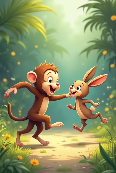 "The Monkey and the Rabbit, two good friends, who had different characteristics. The Monkeys fast gait and the Rabbits long jumps were a sign of a unique friendship between them."