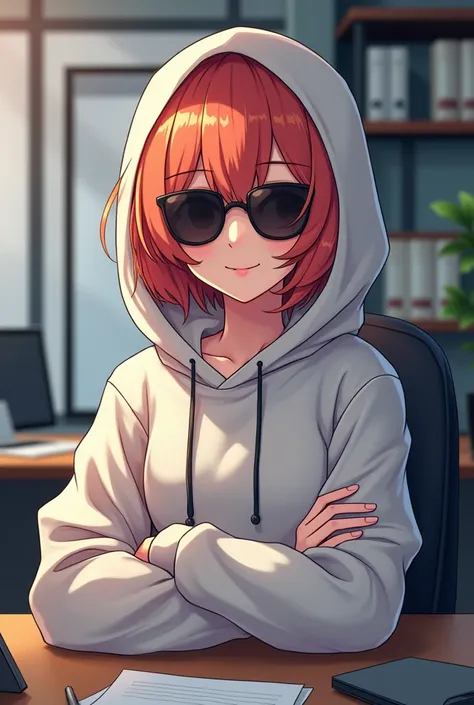 Create anime character wearing hoodie and sunglasses with professional background in the room

