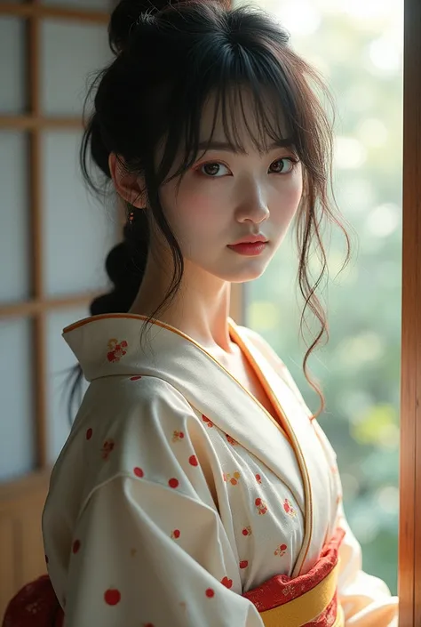 Wearing a yukata、Beautiful Japanese Woman, Japanese Goddess, Beautiful Japanese woman face、Sexy Japanese Women、Looking at the camera、Gazing into the Eyes、Looking forward、Look forward、Shaggy Hair、Beautiful clavicle、Beautiful Eyes、Details、Single eyelid、Small...