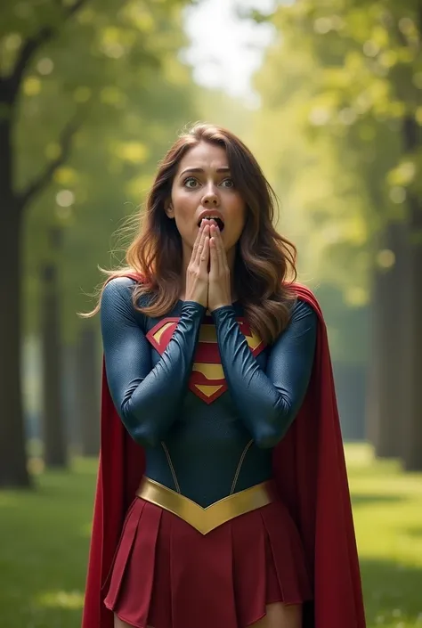 Superwoman shocked and cover her mouth by her both hand she is so shocked.She stands walkingside outdoors in a natural, tree-lined environment. The lighting is soft and natural, creating a warm and peaceful atmosphere. The image is taken from a front view,...