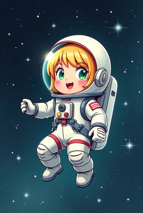 blond cartoon astronaut with green eyes in space with childish features and with a full body helmet with gloves


