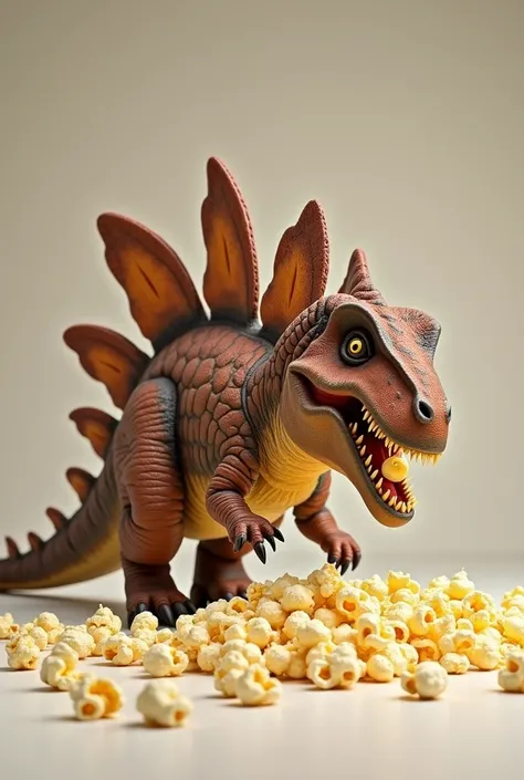 Send me a realistic picture of a stegosaurus eating popcorn with lots of popcorn around it

