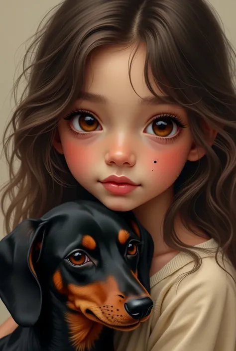  girl with fair skin and dark complexion, and brown eyes and a mole on the right cheek with brown hair a black dachshund
