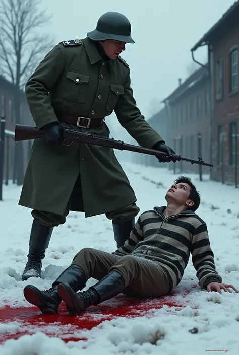 An emaciated teenage inmate of Auschwitz wearing a prisoners uniform on the snow covered floor surrounded by blood pooling around him as a Nazi soldier bashes him in the face with the butt of his rifle