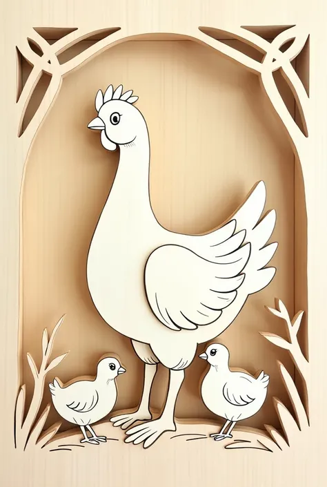 Unpainted hen and her chicks, openwork for coloring, drawing style, the background has a natural color