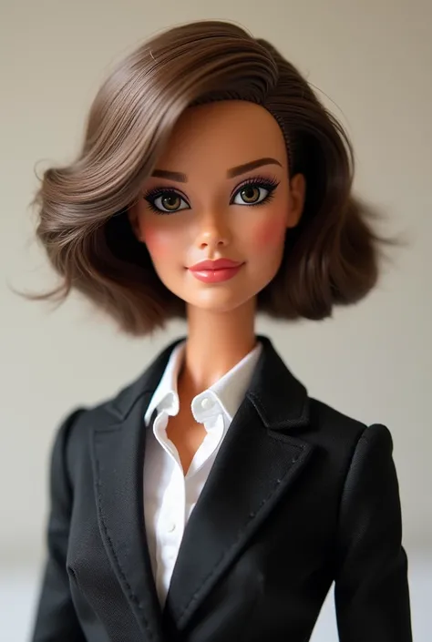 Create a short hair Barbie, wavy, at shoulder height, hair color is light brown, black eyes, light skin, wearing formal clothes and thin 