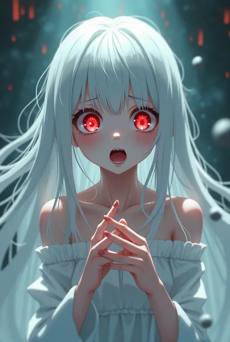 Second Dimension，Anime style，girl，White hair，Red eyes，fear，Weird，Look at the audience ，Upper Body，Angel，Scene ruined