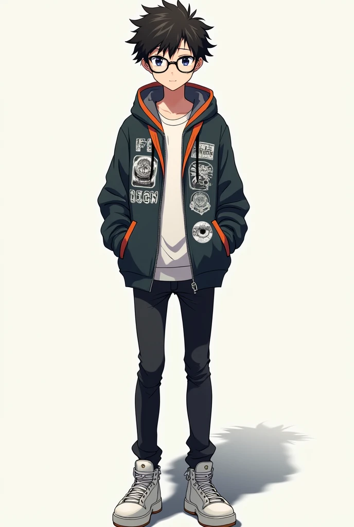 Create  anime character wearing hoodie and glasses full image



