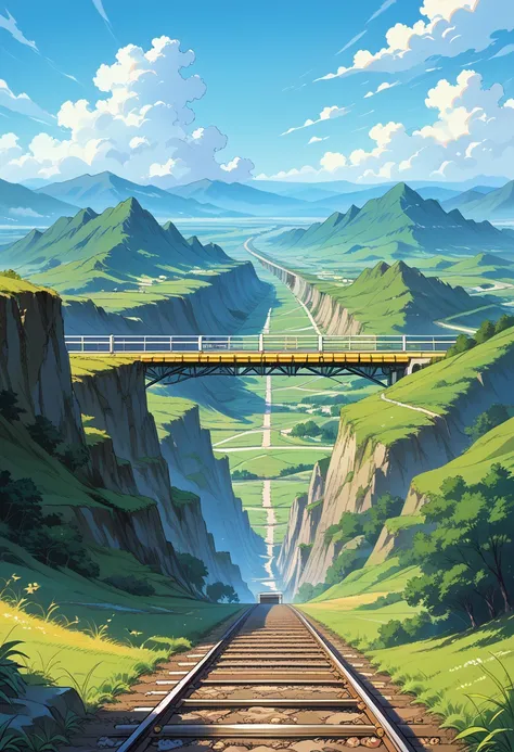 there is a beauty standing on the railway tracks, with plates, landscape art, anime background art, lepfe art, detailed landscap...