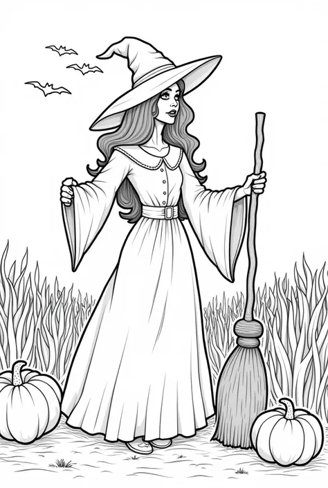 High quality black and white coloring book images, spooky, witch and broom, bats, scary, Halloween, pumpkins, scarecrow, corn maze