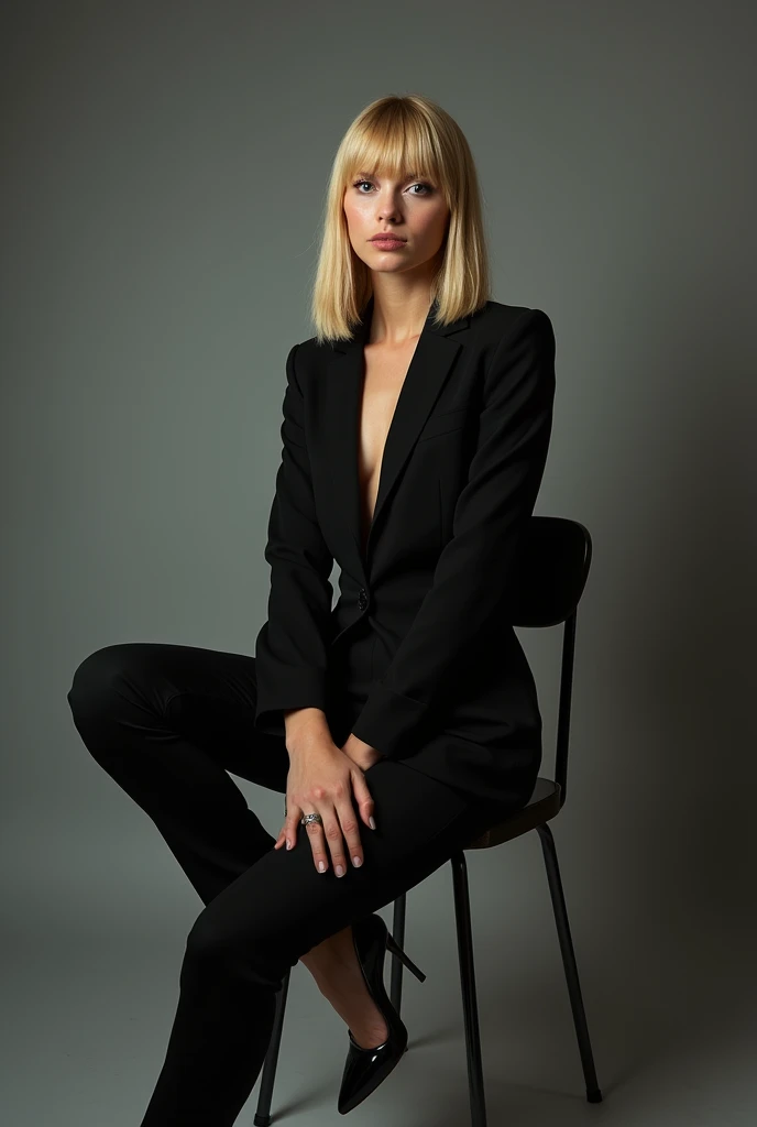 Beautiful girl of Slavic appearance with shoulder-length blond hair and bangs, 155 cm tall, in a black tight suit, on thin high heels with a pointed toe, on black shoes, posing on a chair in a photo studio