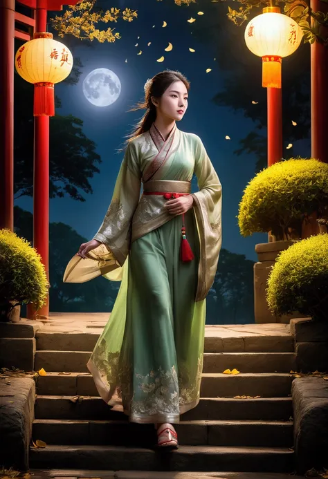 Mid-Autumn Festival, a birthday girl strolls in the park on a Mid Autumn Festival night, with moonlight shining on the path surrounded by peaceful natural scenery. The colors are mainly the natural green of the park and the silver white of moonlight, and t...