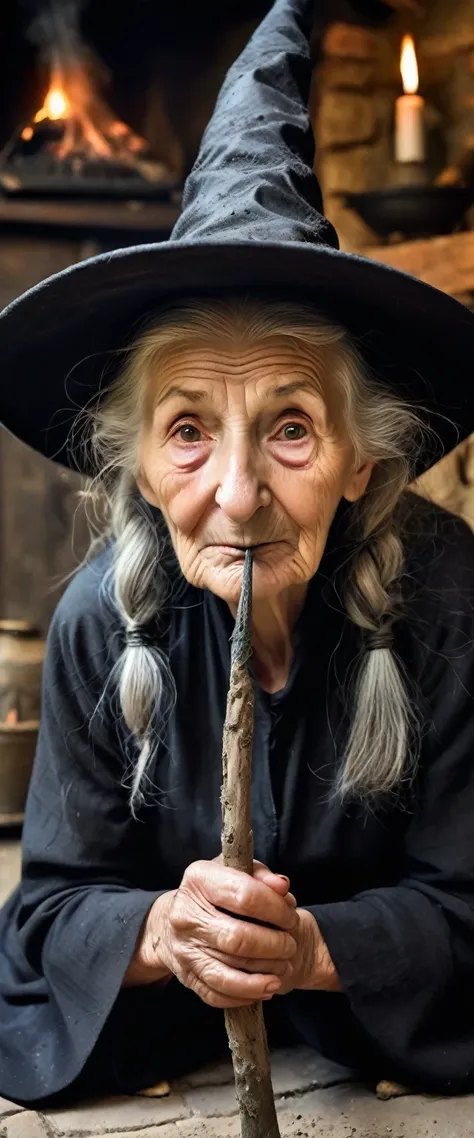 An old woman with a big aquiline nose, the old woman is a witch, an ugly face, a pointy chin, the old woman has a witchs wand, the old woman has a big black witchs hat, inside the witchs house, on the dirt floor, by a big black hearth,