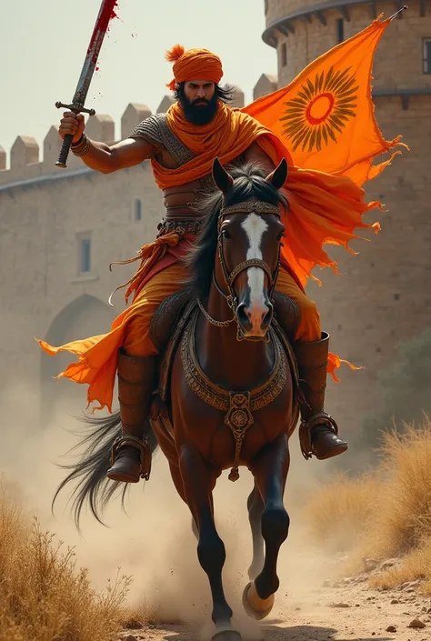 A Fearless, ambitious, strong, Rajput warrior ( wearing saffron clothes and turban) having a bloody sword  in  a hand ....... And holding a saffron flag ( with ☀️ sun on it ) with a golden flagpole in other hand ........  Riding on a horse 
.......In front...