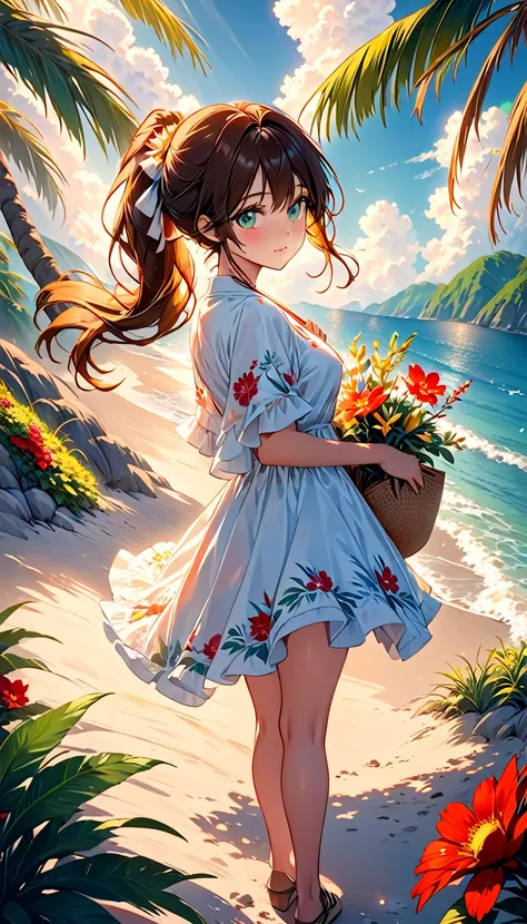 Anime Girl Beauty, ideal anatomy, Bright, sexy, sits on the beach in the hands of a magazine, There is a straw handbag nearby,  Where People Relax with Green Palm tree and Beautiful Plants, flower beds, Pleasant Gentle Wind, Develops Her chestnut Hair, Ver...