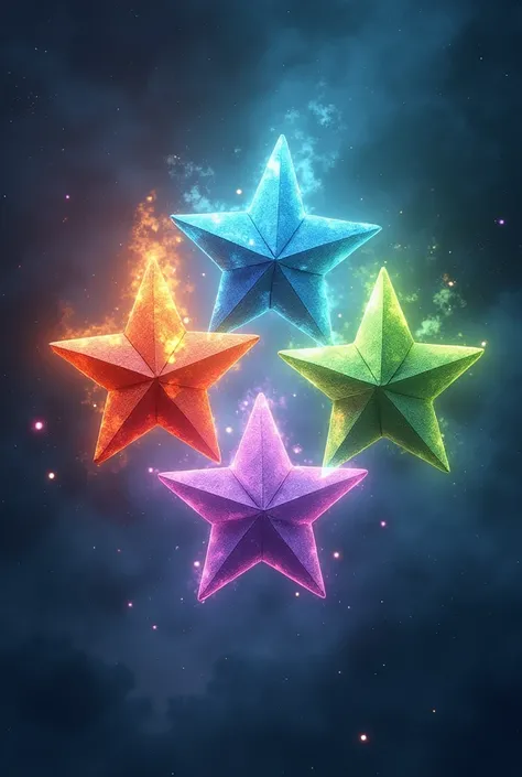 4 separate stars, a red, cerulean, green and purple. Each of them representing an element. 