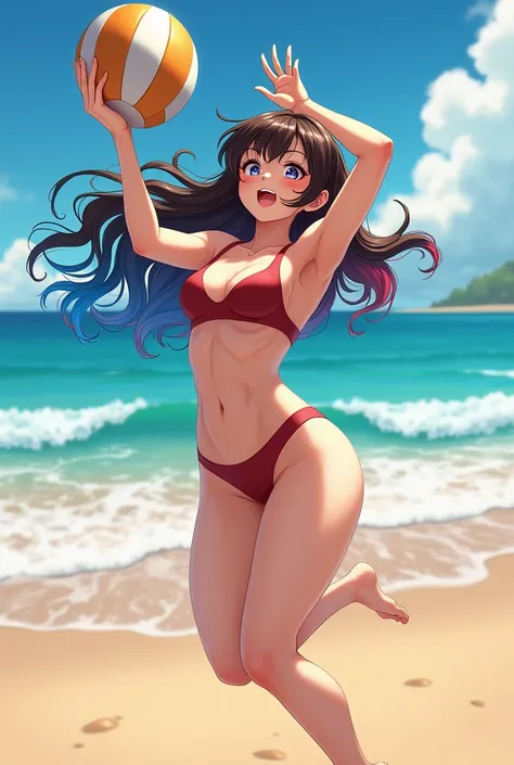 Beautiful girl with long wavy hair,in a bathing suit playing volleyball,Brown hair and bangs half red and half blue,eyes with complete blue and brown heterochromia,