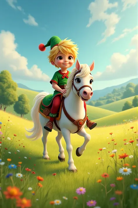 A child with blond hair dressed in green and red riding a white horse walking in the field