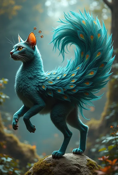 Hybrid animal peacock and cat 