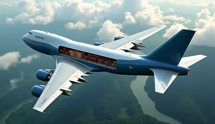 The Boeing 747-8 in mid-flight, with the cargo hold doors open, revealing a massive amount of cargo containers. Below, the Earth is covered in green forests and winding rivers, and the aircraft flies just above the clouds. The mood is one of efficiency and...