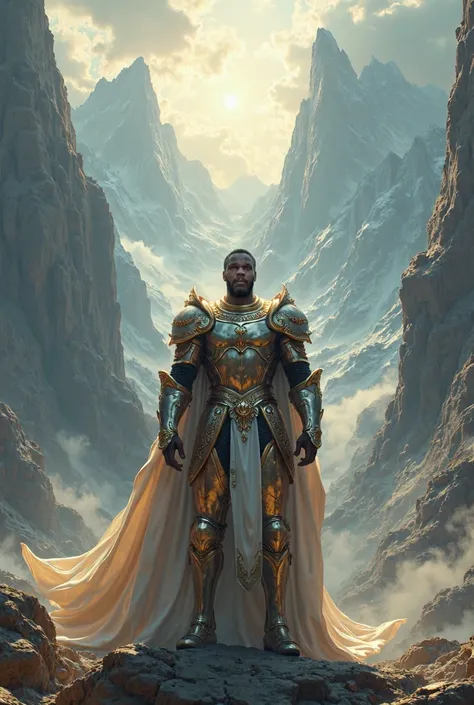 Mountains being moved by the faith of a black man in armor 