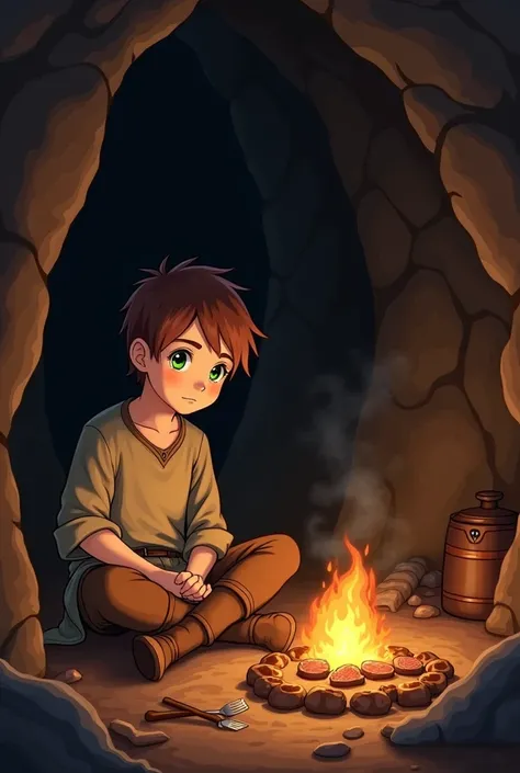  boy, wearing simple medieval clothes, with brown hair, green eyes and fair skin, sitting next to a campfire while roasting meat in a cave, not anime style.