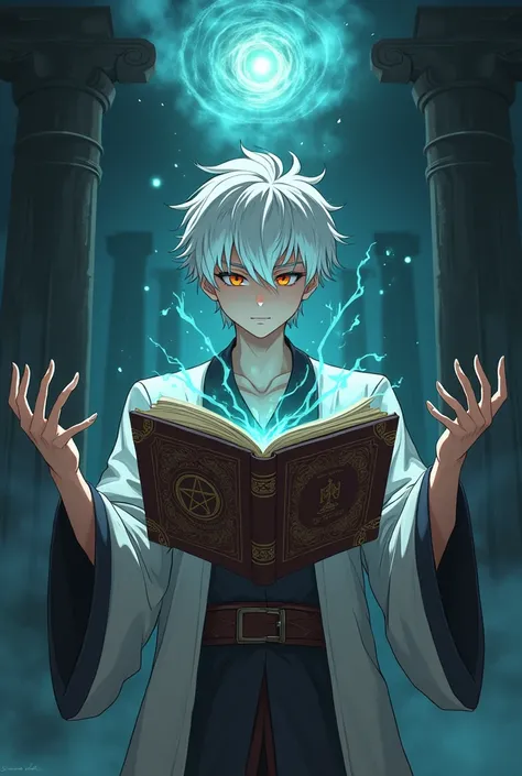 Anime 2d Young white haired male teacher doing ritual with a macabre flying book