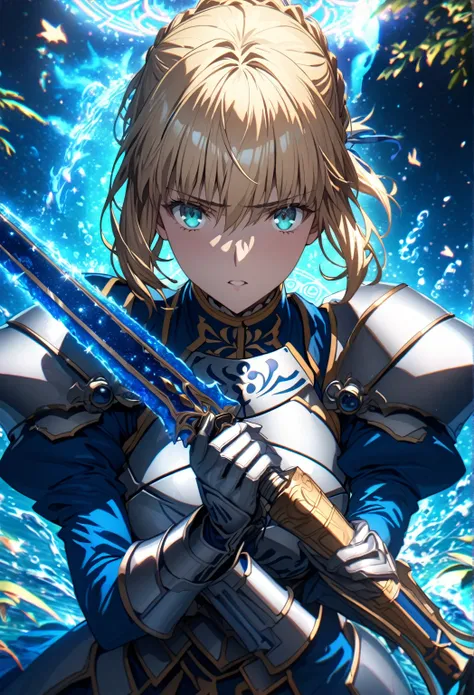 absurdres, highres, ultra detailed, hdr, master piece, artoria pendragon, blonde hair tied in a bun, expressive turquoise eyes, ...